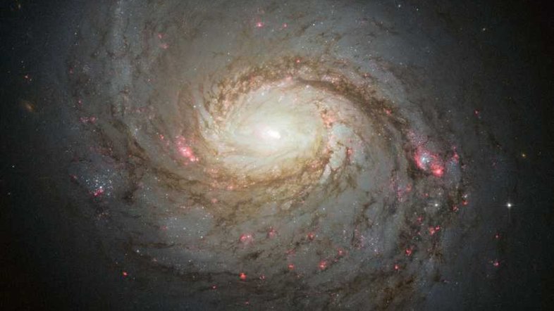 A galáxia espiral M77 fica a 47 milhões de anos-luz de distância, na direção da Constelação de Cetus. Denominado NGC 1068, o seu núcleo compacto e brilhante é bastante estudado para elucidar os mistérios dos buracos negros supermassivos em galáxias do tipo Seyfert ativas, que são galáxias cujos núcleos são muito luminosos. Nesta imagem, feita pelo Telescópio Espacial Hubble, vê-se seus braços espirais sinuosos, traçados por nuvens de poeira escura e regiões de formação estelar tingidas de vermelho