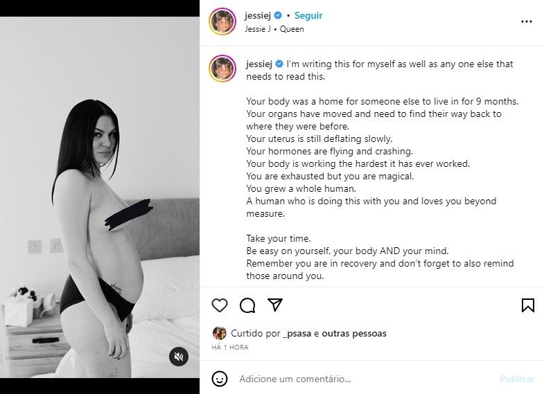 Em relato pós-parto, cantora Jessie J reflete sobre maternidade 2 Em relato pós-parto, cantora Jessie J reflete sobre maternidade