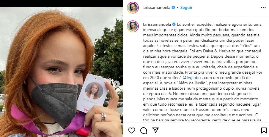 Larissa Manoela se despede da Globo após três anos na emissora: 'Sonhei, acreditei, realizei' 2 Larissa Manoela se despede da Globo após três anos na emissora: 'Sonhei, acreditei, realizei'