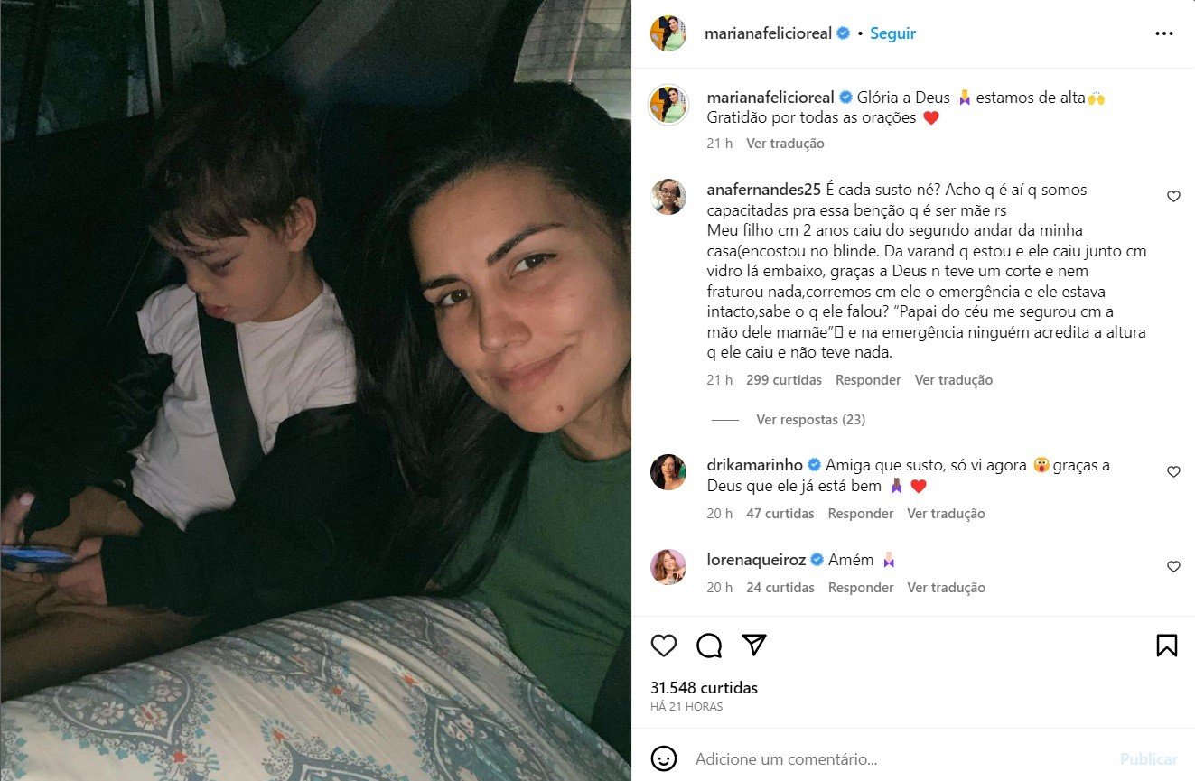 Mariana Felício relata acidente doméstico com o filho de cinco anos: ‘Três fraturas no rosto’ 5 Mariana Felício relata acidente doméstico com o filho de cinco anos: ‘Três fraturas no rosto’