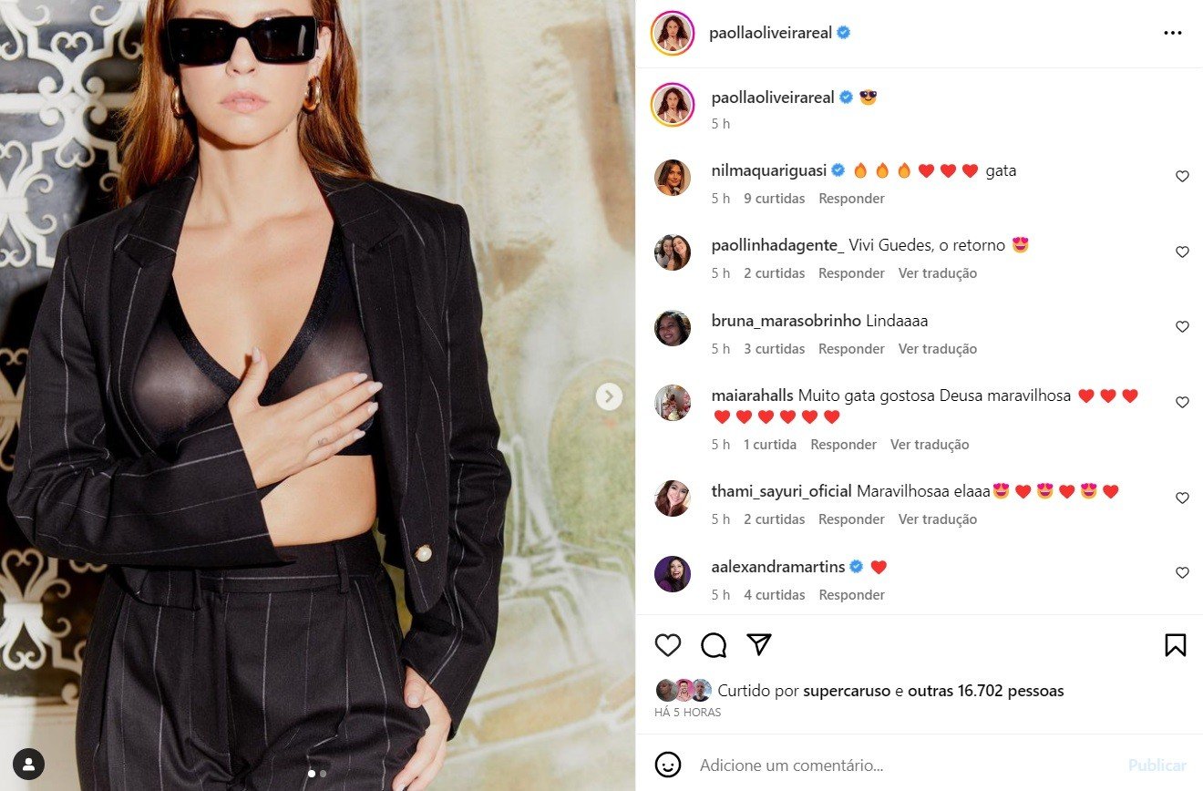 Paolla Oliveira arranca elogios em clique de sutiã transparente e sem blusa: ‘Linda’ 2 Paolla Oliveira arranca elogios em clique de sutiã transparente: ‘Linda’