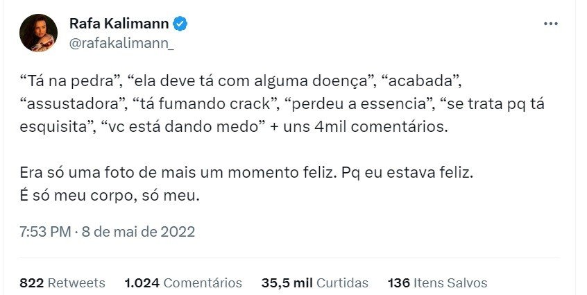 Rafa Kalimann faz desabafo sobre críticas ao seu corpo: ‘Todo dia’