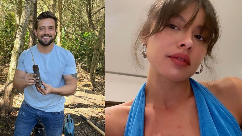 montagem com uma foto do ator rafael cardoso, à esquerda, e uma foto de taynara nunes à direita