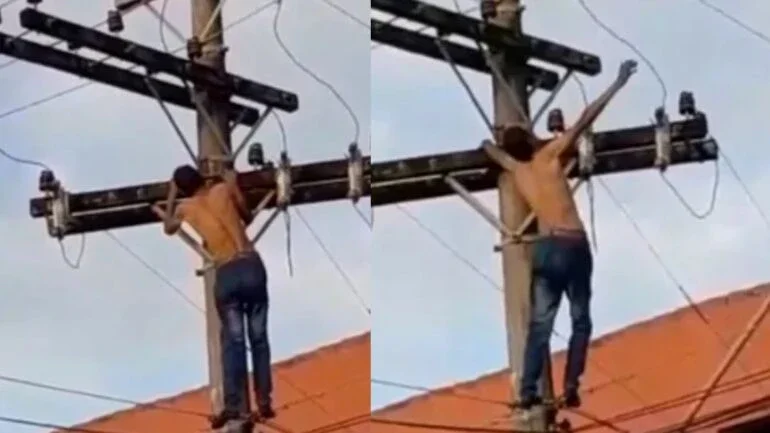 ES: Homem sobe em poste, recebe choque ao encostar em fio de alta tensão e cai no meio da rua