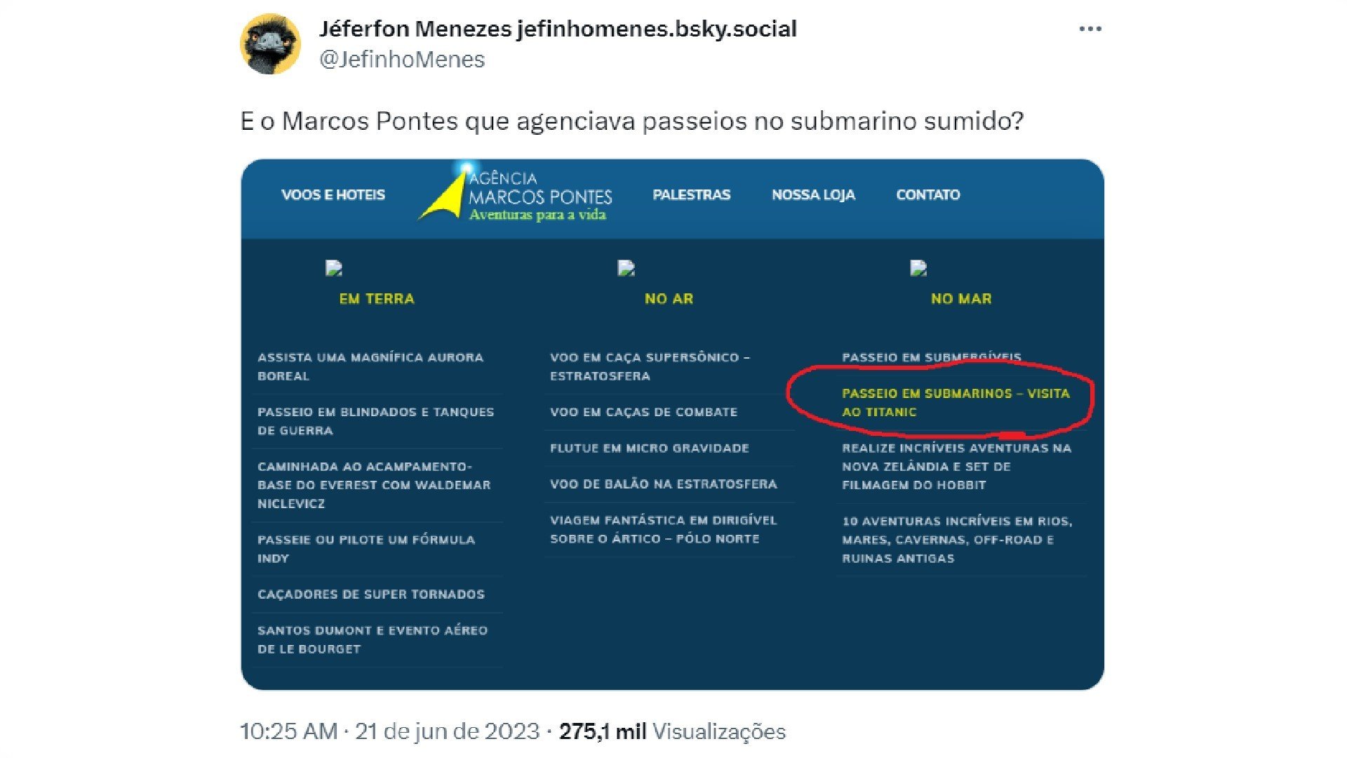 Agência do senador Marcos Pontes vendia pacotes para submarino desaparecido 4 Agência do senador Marcos Pontes vendia pacotes para submarino desaparecido