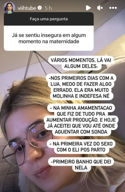 Viih Tube abre o jogo sobre inseguranças pós-parto e cita sexo com Eliezer