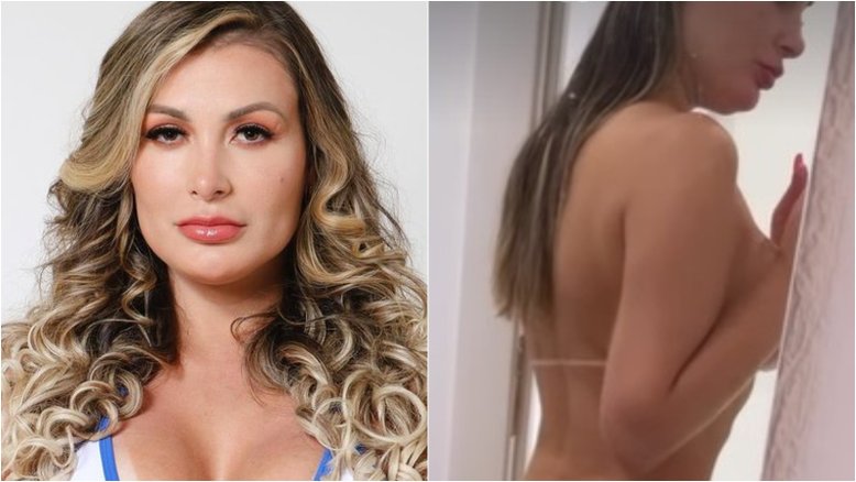 Andressa Urach faz topless e encara bronzeamento artificial com biquíni de fita