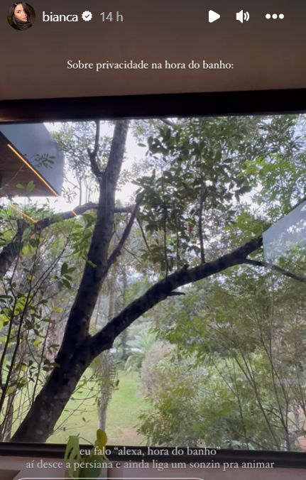 Bianca Andrade impressiona com automatização em mansão de R$ 18 milhões 3 print do story de bianca andrade. na foto, é possível ver uma janela de vidro ampla com uma vista de paisagem arbórea