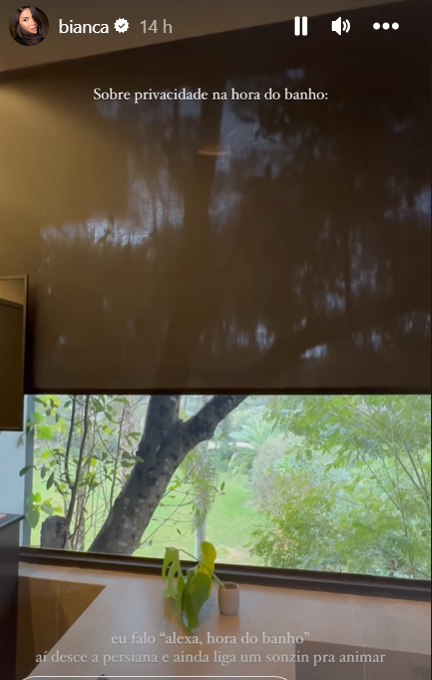 Bianca Andrade impressiona com automatização em mansão de R$ 18 milhões 4 print do story de bianca andrade. na foto, é possível ver uma janela de vidro ampla com uma vista de paisagem arbórea, mas a persiana está meio fechada.