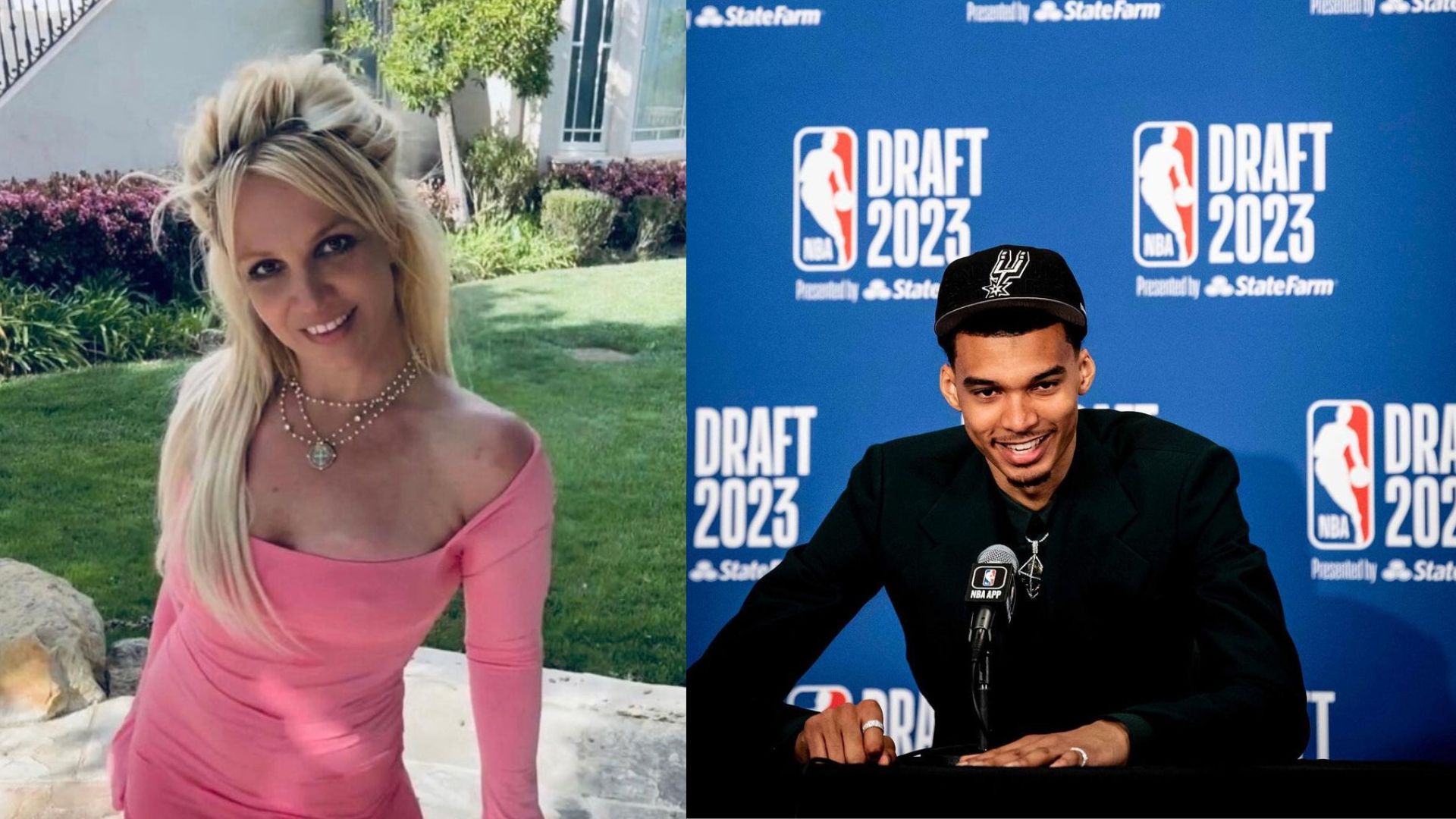Britney Spears (à esquerda), vestindo um vestido rosa, e Victor Wembanyama (à direita), em uma coletiva de imprensa da NBA