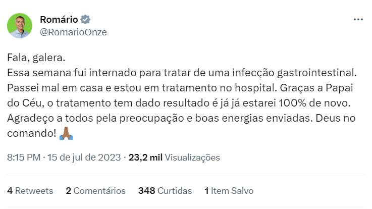 ‘Tive uma infecção gastrointestinal’, revela senador Romário sobre motivo de internação 
