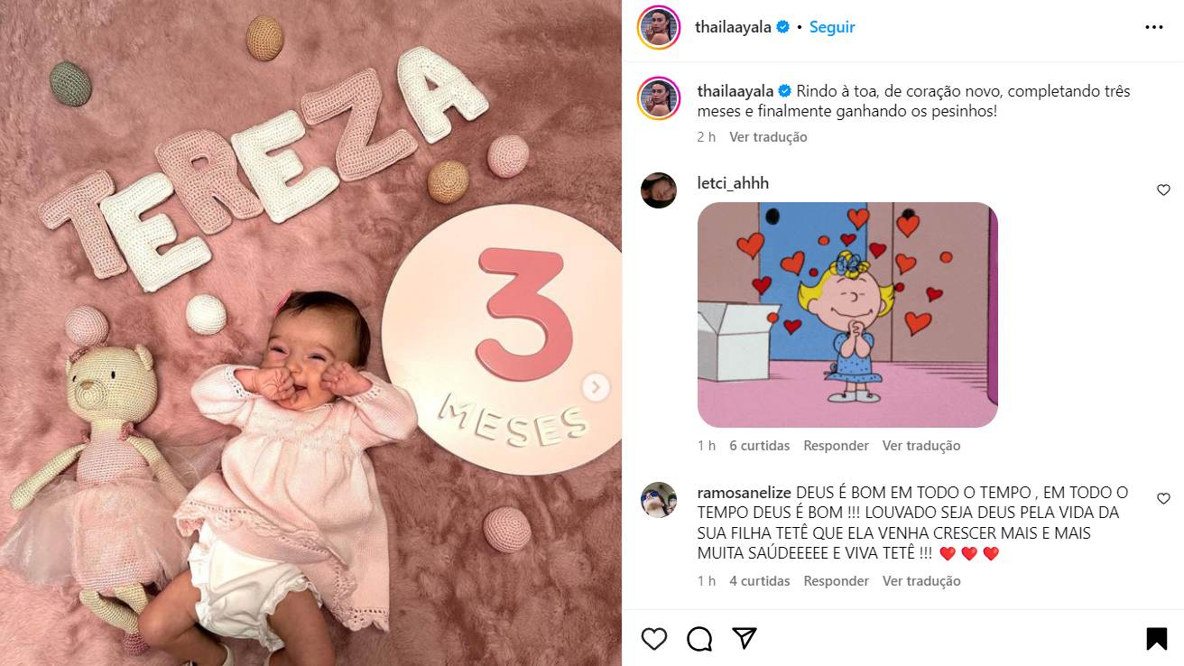 Thalia Ayala comemora os três meses da filha após cirurgia no coração