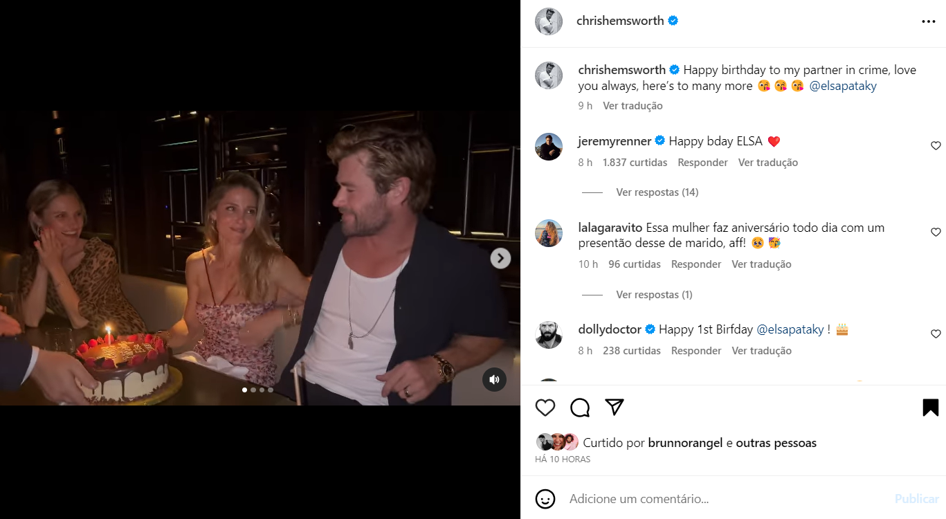 Chris Hemsworth comemora aniversário de esposa com post apaixonado: 'Parceira no crime' 4 Post de Chris Hemsworth
