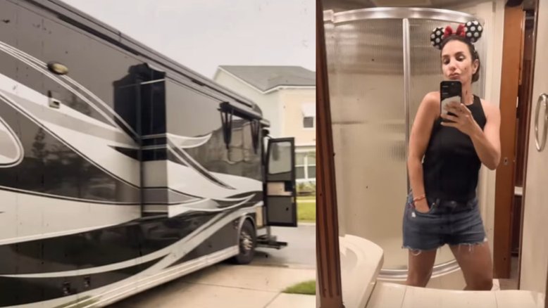Montagem de duas fotos. À esquerda, o motorhome usado por Ivete Sangalo. À direita, a cantora em um espelho.