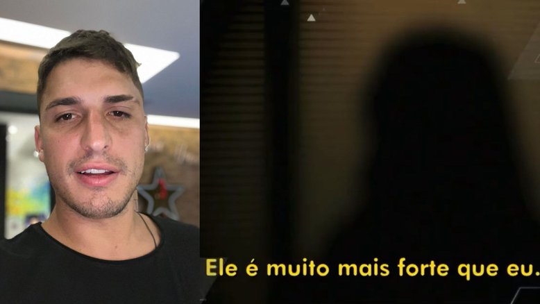 Felipe Prior (à esquerda) e depoimento da mulher que o acusa de estupro (à direita). Ela tem o rosto borrado.