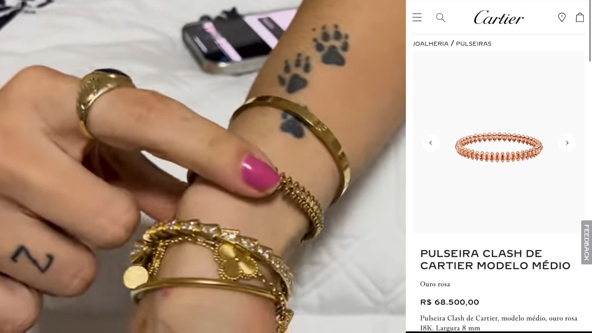Print do vídeo de Virginia Fonseca (à esquerda) e valor da nova pulseira de Leonardo (à direita)
