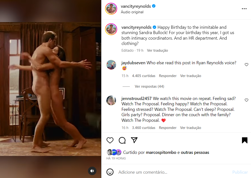 Post de Ryan Reynolds para Sandra Bullock