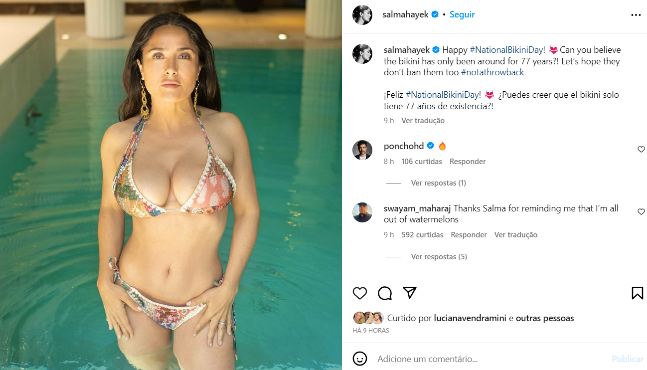 Aos 56, Salma Hayek comemora 'Dia do Biquíni' e encanta seguidores 2 print do instagram de salma hayek