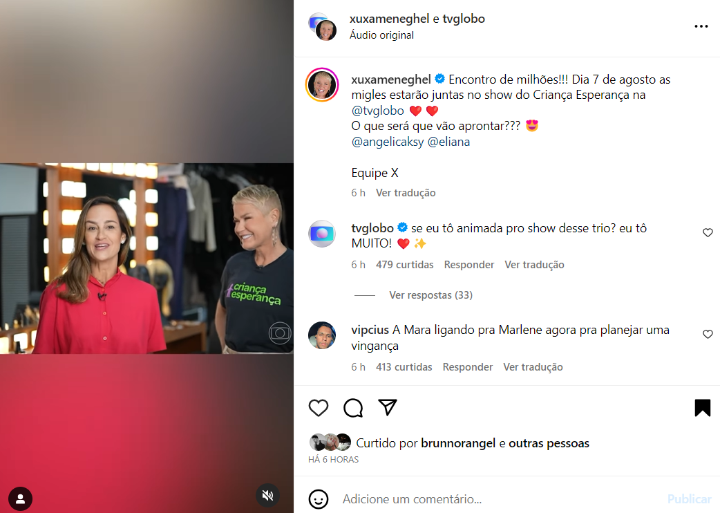 Anúncio do Criança Esperança feito no Jornal Nacional e publicado no Instagram por Xuxa