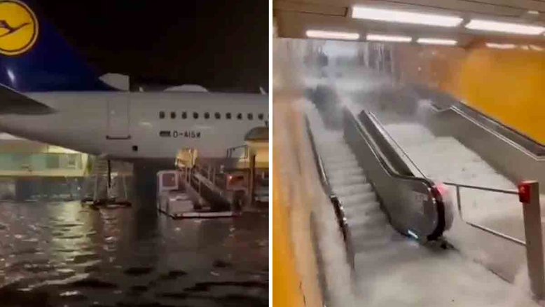 Vídeo mostra o Aeroporto de Frankfurt totalmente alagado. Foto: reprodução Twitter