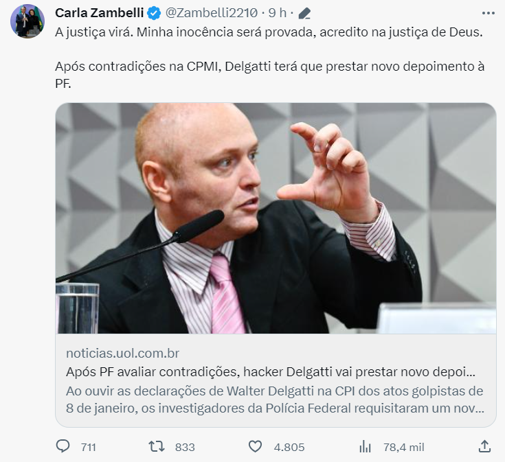 Carla Zambelli é hospitalizada em Brasília 2 Post de Carla Zambelli