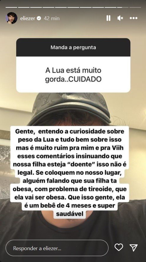 Eliezer rebate comentários sobre o peso da filha, Lua, de 4 meses: ‘Que isso, gente?’ 5 Eliezer rebate comentários sobre o peso da filha, Lua, de 4 meses: ‘Que isso, gente?’