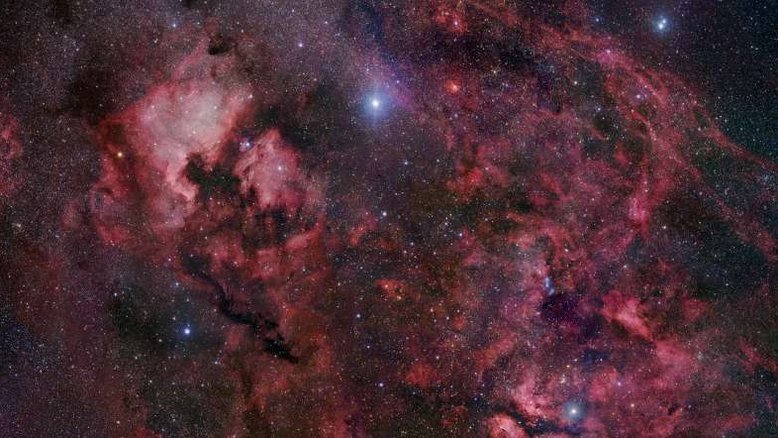 A estrela supergigante, brilhante e quente Deneb está no centro desta linda paisagem celeste. O mosaico desta imagem compreende 12 graus no extremo norte da Constelação do Cisne. Repleta de estrelas e nuvens de gás luminosas ao longo do plano da Via Láctea, este cisne celeste é também o lar da escura e obscura Nebulosa do Saco de Carvão do Norte, que se estende de Deneb em direção à parte inferior e central da imagem. O brilho avermelhado de NGC 7000, a Nebulosa da América do Norte, e de IC 5070, a Nebulosa do Pelicano, estão no canto superior esquerdo, mas muitas outras nebulosas e aglomerados de estrelas são identificáveis. Deneb é a estrela Alfa da Constelação do Cisne, sendo muito conhecida pelos observadores do céu no Hemisfério Norte