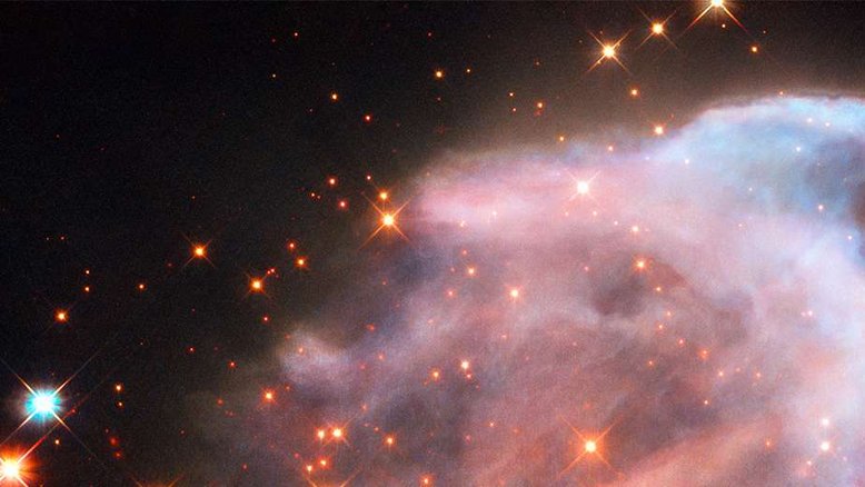 As estrelas mais brilhantes embutidas em nebulosas da nossa galáxia despejam uma torrente de radiação que consome vastas nuvens de gás hidrogênio – a matéria-prima para a construção de novas estrelas. IC 63, uma nebulosa a 550 anos luz, na Constelação de Cassiopeia, tem fluxos de véus de gás e poeira que justificam o seu o apelido de "Nebulosa Fantasma". Ela está sendo atingida pela torrente de radiação de uma estrela gigante azul próxima, chamada Gamma Cassiopeiae, que pode ser facilmente vista a olho nu, no centro do distinto asterismo em forma de "W" presente na constelação