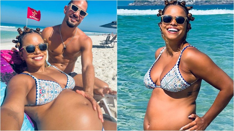 Grávida de cinco meses, Jeniffer Nascimento exibe barrigão em dia de praia com o marido