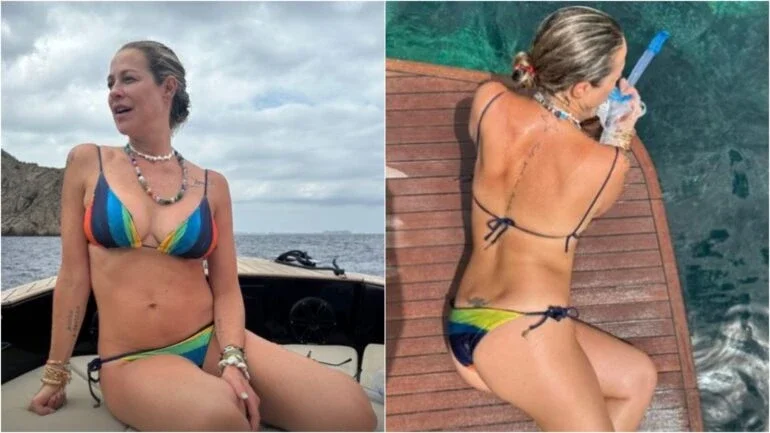Luana Piovani exibe tatuagens em pose de biquíni durante passeio de barco na Espanha