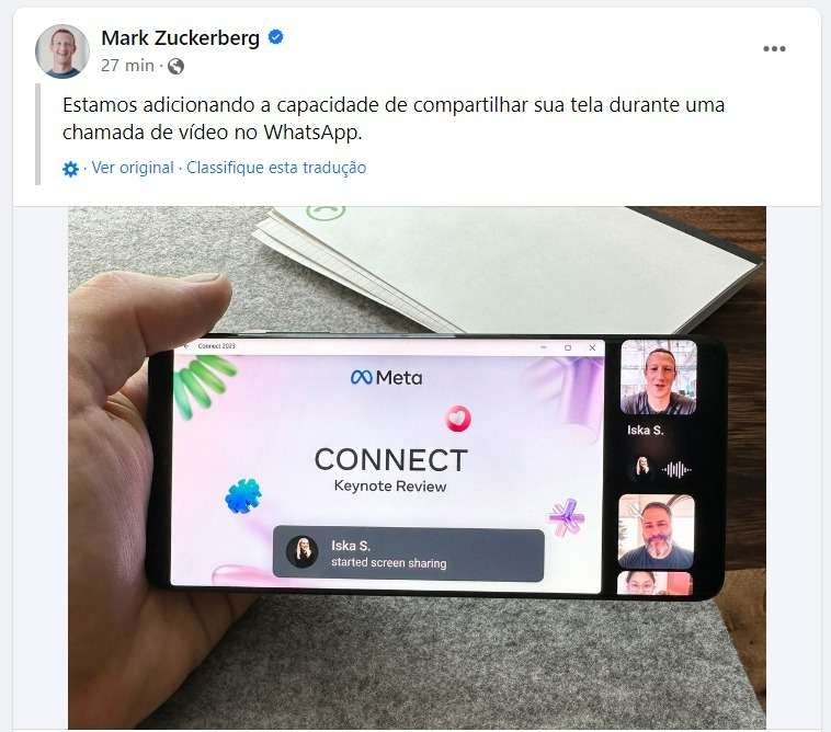 WhatsApp lança compartilhamento de tela durante chamada de vídeo