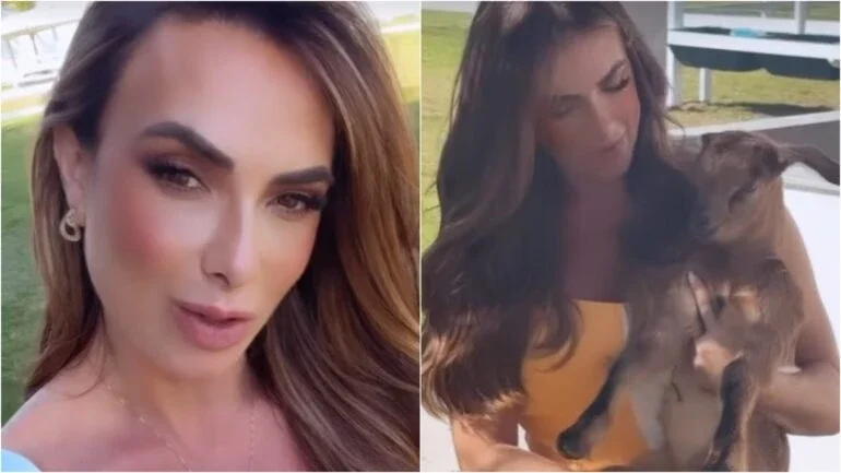 Após dar nome de Camila Queiroz a uma vaca, Nicole Bahls apresenta cabritas Brunna e Lud