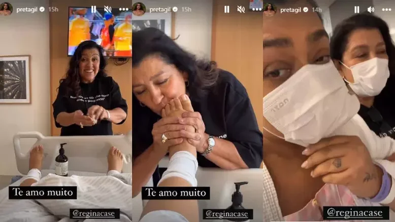 Preta Gil recebe massagem de Regina Casé
