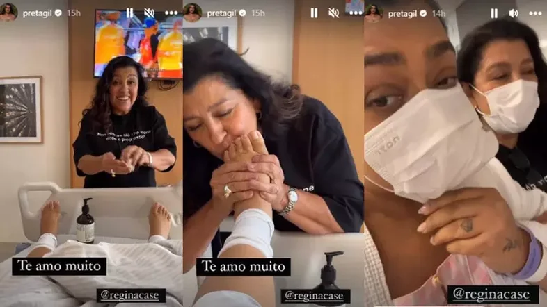 Preta Gil recebe massagem de Regina Casé