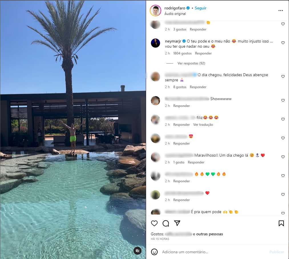 Rodrigo Faro inaugura lago artificial e Neymar fala em injustiça: 'O teu pode e o meu não'