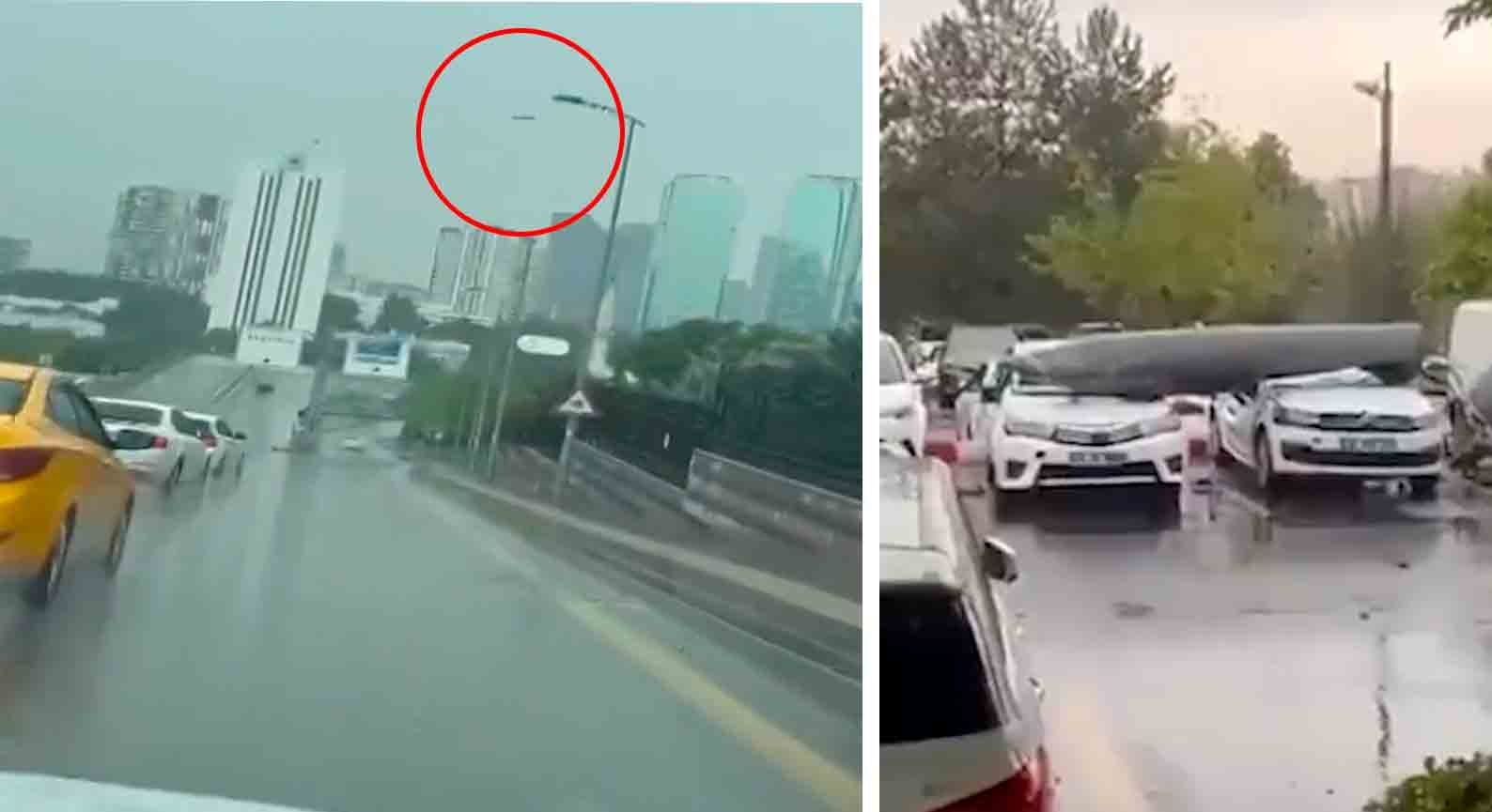 Parte de um caça F-4 cai sobre carros em um estacionamento na Turquia. Reprodução Twitter @dhainternet