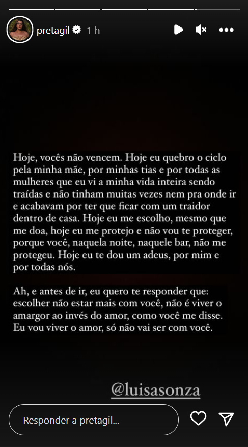 Preta Gil se manifesta em apoio a Luísa Sonza: 'Só quem já foi traída sabe o que sente’