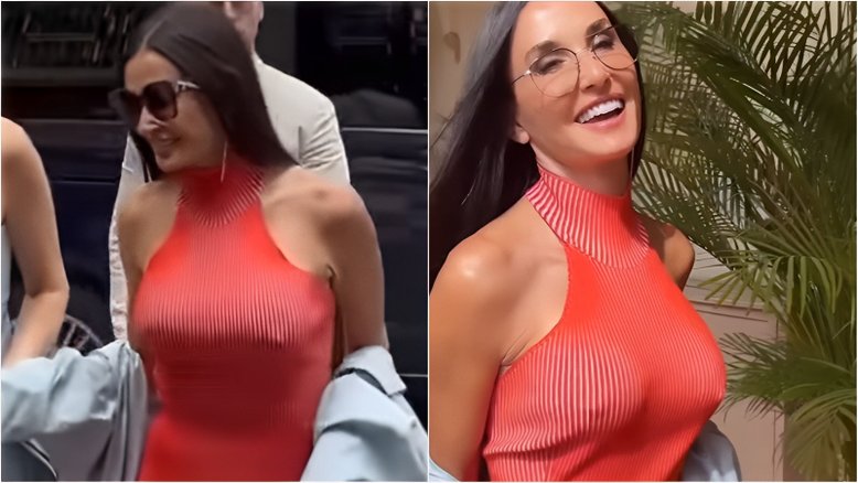 Demi Moore dispensa sutiã e sensualiza com vestido justo na Semana de Moda de Milão