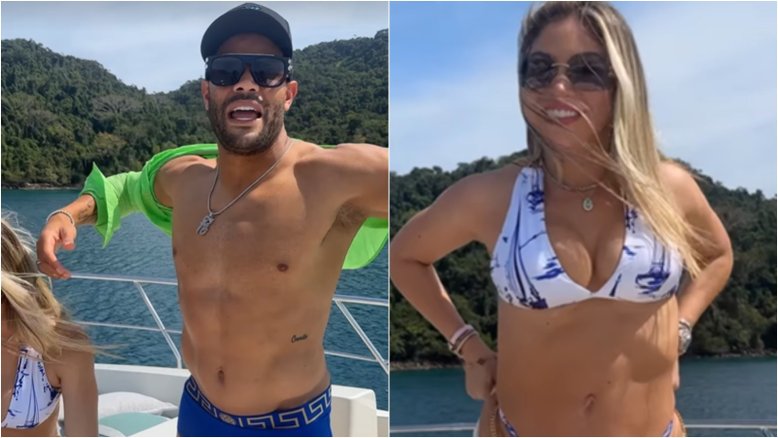 Jogador Hulk curte passeio de iate com esposa e usa sunga de R$ 1.700