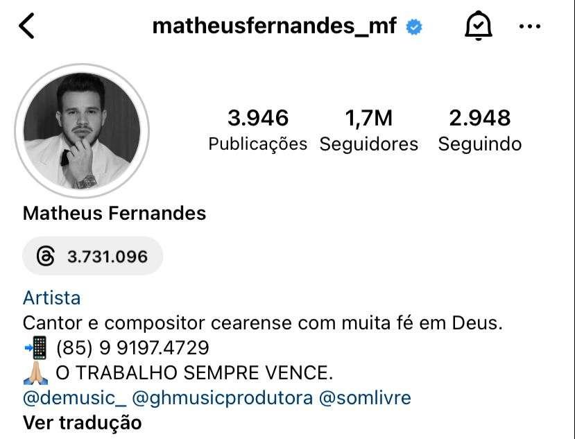 Matheus Fernandes alcança o Top 10 da Billboard Brasil 2 Perfil no Instagram do cantor Matheus Fernandes
