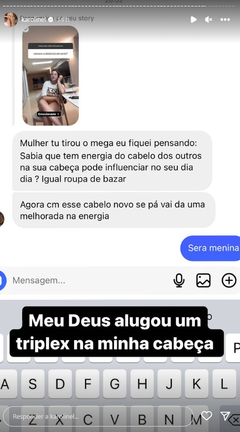Karoline Lima recebe elogios após retirar mega hair: 'Melhorada na energia' 2 Karoline Lima compartilha mensagem de seguidora