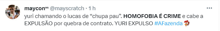 A Fazenda 15: web pede expulsão de Yuri Meirelles após fala homofóbica 8 Internautas pedem a expulsão de Yuri Meirelles do reality A Fazenda 15