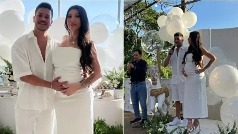 Arthur Aguiar e Jheny Santucci anunciam o sexo do filho em chá revelação