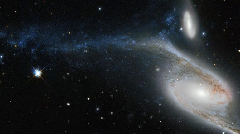 NGC 6872 é uma galáxia de formato incomum, localizada na direção da Constelação de Pavo (“O Pavão”). A sua deformação é resultado das interações com a galáxia menor, vista logo acima nesta imagem, cuja designação é IC 4970. Ambas ficam a cerca de 300 milhões de anos-luz de distância da Terra. De ponta a ponta, NGC 6872 mede mais de 500 mil anos-luz de diâmetro, tornando-a a segunda maior galáxia espiral descoberta até hoje. Para colocar isso em perspectiva, a nossa galáxia, a Via Láctea, mede entre 100 mil e 120 mil anos-luz de diâmetro, fazendo com que NGC 6872 tenha cerca de cinco vezes o seu tamanho