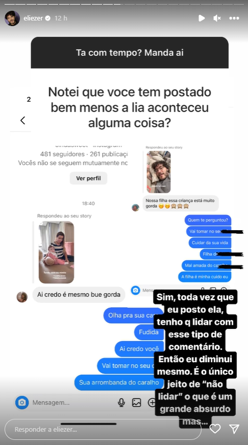 Eliezer compartilha experiência de ficar sozinho com a filha pela primeira vez: 'Lua vai me amar mais' 2 Eliezer responde seguidor que fala sobre aparência da sua filha