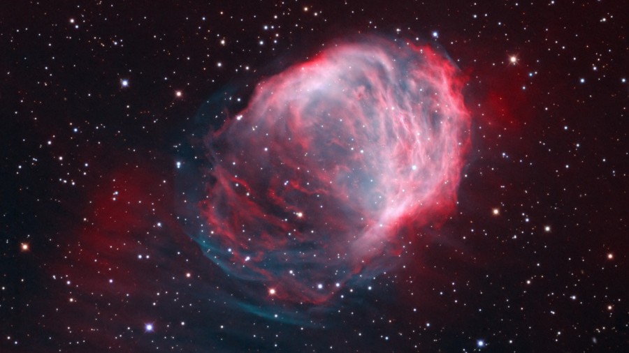 Filamentos serpentinos trançados de gás brilhante aparecem nesta imagem da Nebulosa da Medusa. Também conhecida como Abell 21, esta nebulosa planetária está a cerca de 1,5 mil anos-luz de distância, na direção da Constelação de Gêmeos. Uma nebulosa planetária representa o estágio final na evolução de estrelas de baixa massa como o Sol. Nesse momento, elas se transformam de gigantes vermelhas em estrelas anãs brancas, eliminando suas camadas externas. A radiação ultravioleta da estrela quente alimenta o brilho nebular