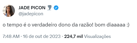 Jade Picon movimenta web com suposta indireta para Yasmin Brunet 2 Tuíte de Jade Picon