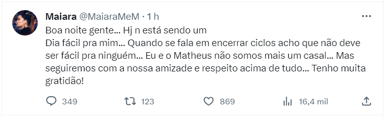 Maiara anuncia fim de relacionamento com Matheus Gabriel: 'Caminhos diferentes' 9 Postagem de Maiara