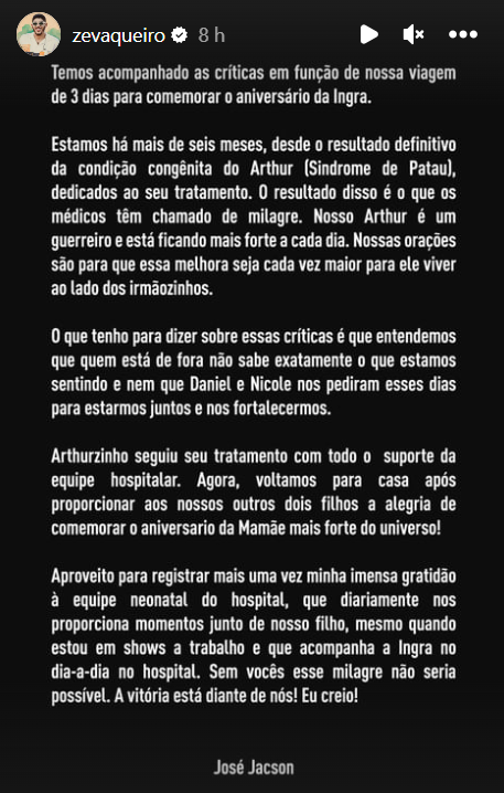 Detonado por viajar e deixar filho na UTI, Zé Vaqueiro se justifica: 'Fomos para não endoidar' 2 Story de Zé Vaqueiro