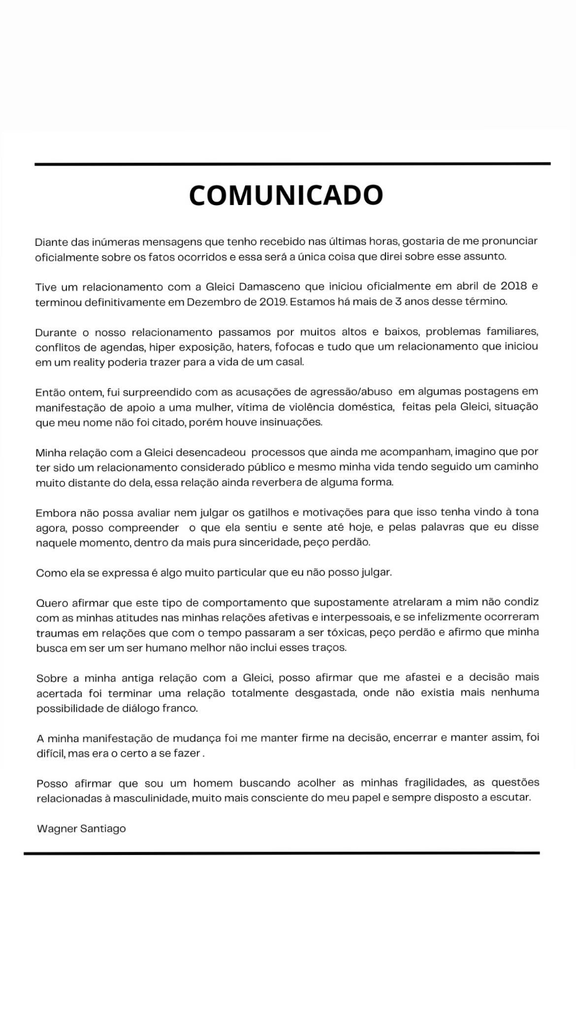 Wagner reconhece erros com Gleici e pede perdão após ex-BBB revelar relacionamento abusivo 2 Wagner reconhece erros com Gleici e pede perdão após ex-BBB revelar relacionamento abusivo